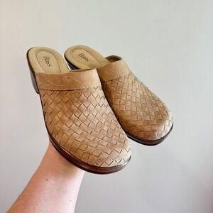 Bass Trisket Tan Woven Leather Clogs Mules Faux Wood Heel Shoes 7M